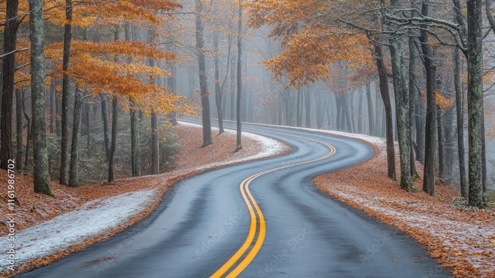 Fototapeta premium Winding Road Through Snowy Autumn Forest