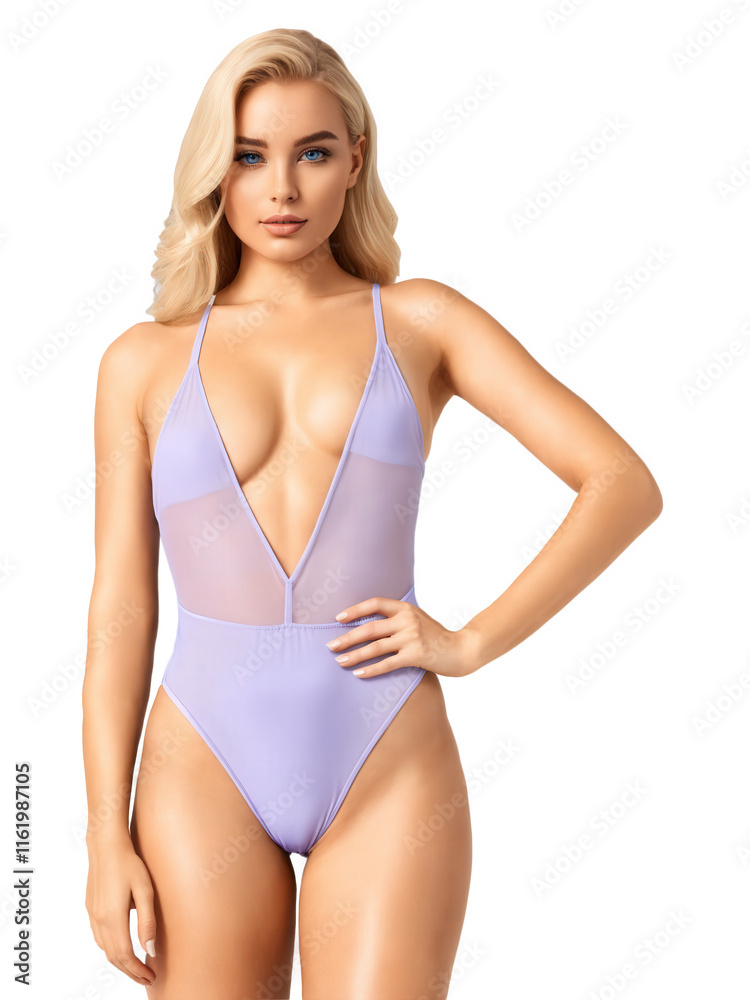 Lavender mesh one-piece swimsuit with a sheer mesh overlay covering the bust and sides. The swimsuit has a plunging neckline Lavender mesh one-piece swimsuit with a sheer mesh overlay covering the bust and sides. The swimsuit has a plunging neckline