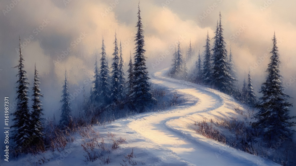 Winter Pathway Winding Through Snowy Mountain Pines Winter Pathway Winding Through Snowy Mountain Pines