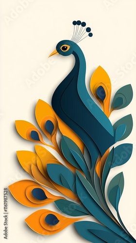 A vibrant blue peacock perched among colorful leaves in this striking paper cut-out style artwork.