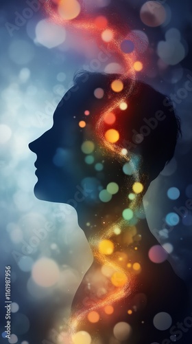 Silhouette of a person with a colorful aura of light and bubbles, representing creativity and imagination.