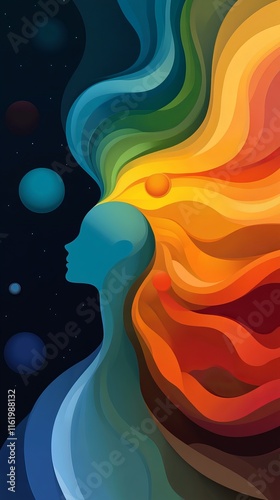 An abstract illustration of a woman's silhouette with vibrant hair flowing in rainbow colors against a starry background.