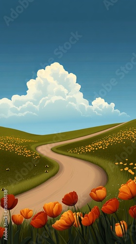 A serene landscape featuring vibrant orange flowers lining a winding path under a clear blue sky.