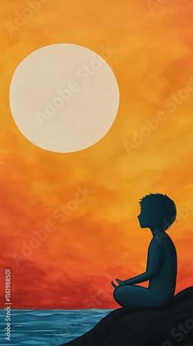 A silhouetted boy sits peacefully by the water, meditating under a large sun, surrounded by vibrant orange hues.