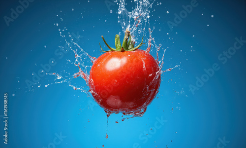 A plump red tomato with a shiny, smooth surface bursting open with an explosion of water droplets and juice splashes, photo