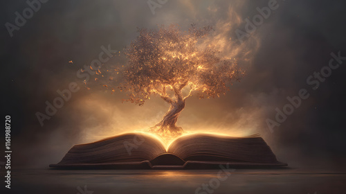 glowing tree emerges from open book, symbolizing knowledge and growth. ethereal scene evokes sense of wonder and magic, blending nature with literature