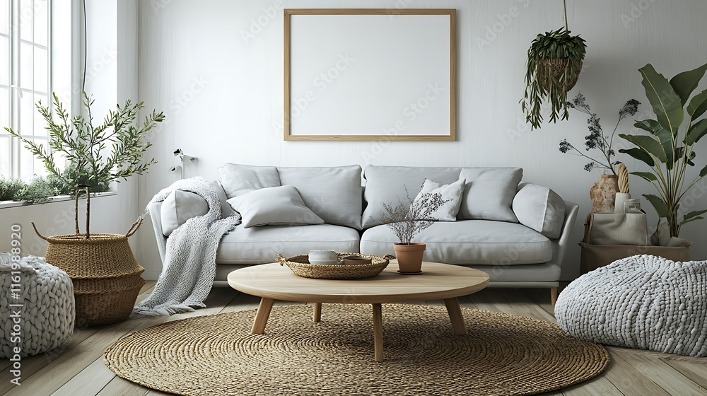 Fototapeta premium Minimalist living room interior with light grey sofa, wooden coffee table, jute rug, plants, and a blank frame.