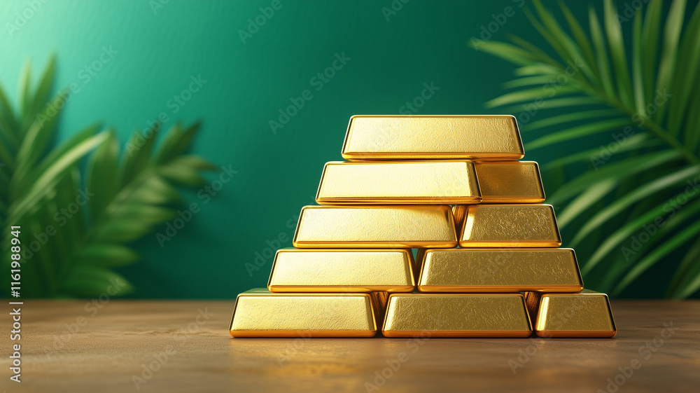 pyramid of shiny gold bars sits on wooden surface, surrounded by lush green palm leaves, creating luxurious and vibrant atmosphere pyramid of shiny gold bars sits on wooden surface, surrounded by lush green palm leaves, creating luxurious and vibrant atmosphere