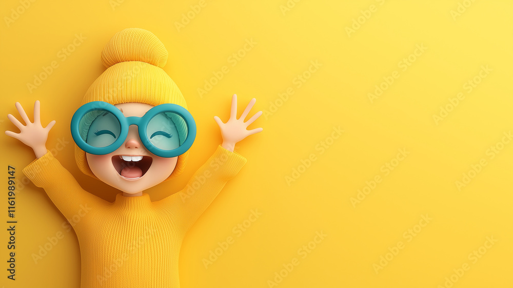Fototapeta premium Cheerful child with big glasses and yellow sweater, expressing joy against bright yellow background. Perfect for conveying happiness and playfulness