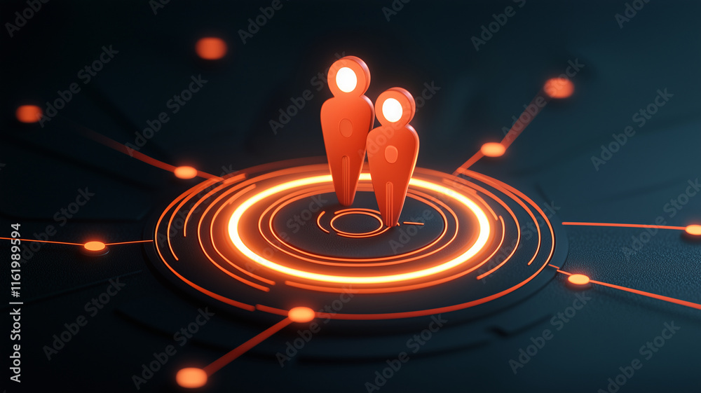 Two abstract figures stand on glowing circular platform, surrounded by radiant lines, symbolizing connection and technology. scene conveys sense of innovation and collaboration Two abstract figures stand on glowing circular platform, surrounded by radiant lines, symbolizing connection and technology. scene conveys sense of innovation and collaboration