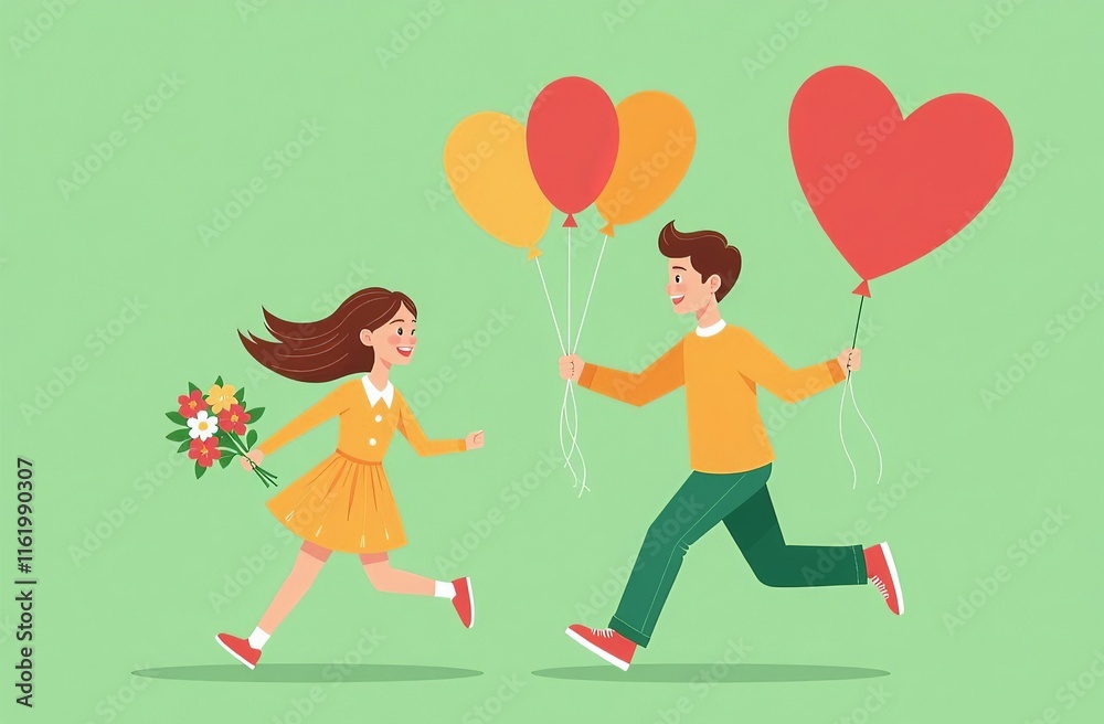 First love of running girl with bouquet of flowers and boy with heart-shaped balloon on solid light green background. Horizontal concept of Valentine's Day holiday. First love of running girl with bouquet of flowers and boy with heart-shaped balloon on solid light green background. Horizontal concept of Valentine's Day holiday.
