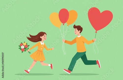 First love of running girl with bouquet of flowers and boy with heart-shaped balloon on solid light green background. Horizontal concept of Valentine's Day holiday.