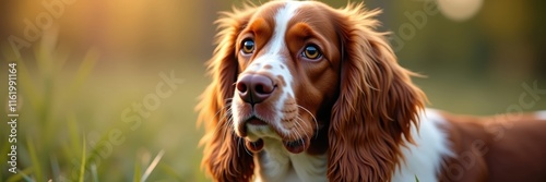 A Golden Hour Portrait of an Alert Welsh Springer Spaniel with Kind Eyes and a Beautiful Red and White Coat Standing in a Field of Green Grass