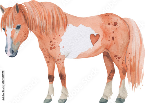 Watercolor Painting of a Brown and White Horse with a Heart photo