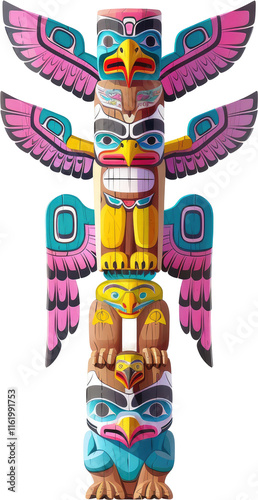 Colorful Totem Pole with Birds and Animals isolated on transparent background