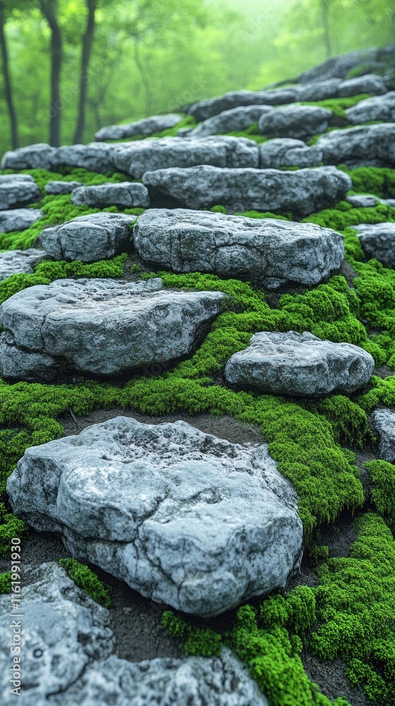 Mossy stone path leading into a forest. Mossy stone path leading into a forest.