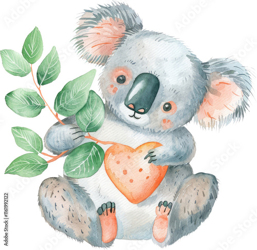 Adorable Koala with Heart and Eucalyptus Leaves photo