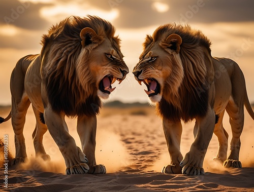 
Fierce Lion Battle in the Wild: Two Majestic Male Lions Roaring and Facing Off in a Dramatic Show of Power, Strength, and Dominance Amidst a Golden African Savanna at Sunset