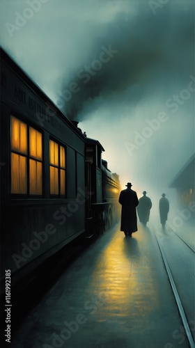 Two mysterious figures in dark coats stand by a steam train at a foggy station, evoking a vintage, suspenseful atmosphere.