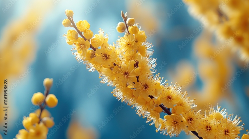 Close-up of vibrant yellow flowers blooming on a branch against a blurred blue background.