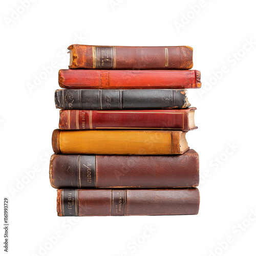 Vintage Leather Bound Books Stack on White Background