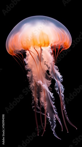 A stunning jellyfish illuminated in vibrant colors, showcasing its graceful form and flowing tentacles against a dark background.