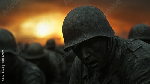 Somber male soldier sculpture at sunset, reflecting on the gravity of war amid a dramatic orange sky.
