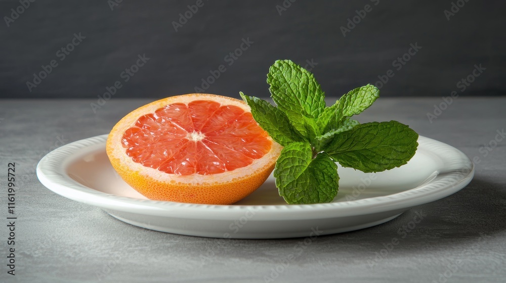 A halved pink grapefruit displayed on a white plate, with fresh mint leaves as garnish A halved pink grapefruit displayed on a white plate, with fresh mint leaves as garnish