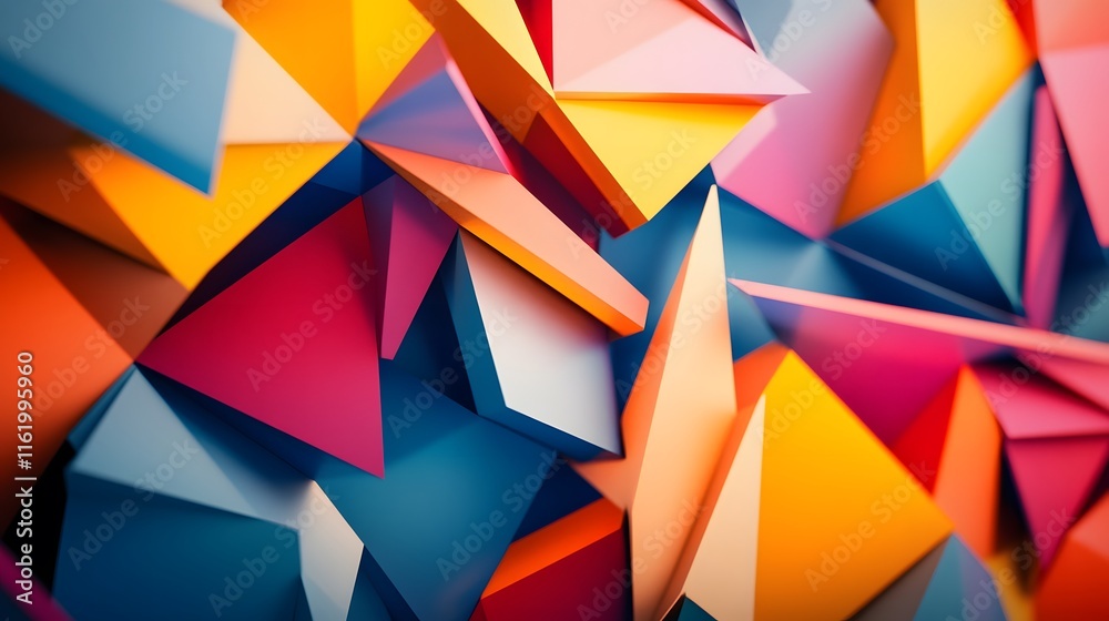 Colorful geometric pieces interlocking with dynamic shadows creating a complex and eye-catching design Colorful geometric pieces interlocking with dynamic shadows creating a complex and eye-catching design