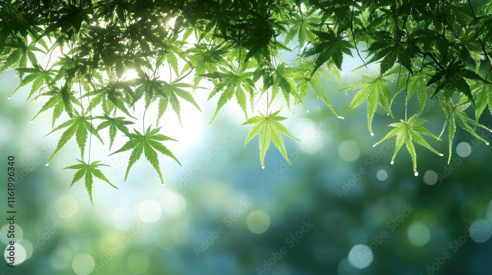 Sunlit green maple leaves with bokeh background.