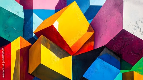 A series of interlocking geometric shapes in vivid colors with their shadows forming sharp contrasts