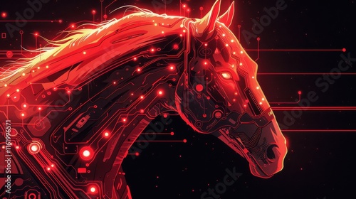 Fiery red cybernetic horse head, glowing circuits. photo