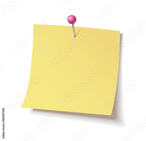 Yellow sticky note with a pink pushpin isolated on a white background, realistic vector illustration with shadows, suitable for reminders or design concepts