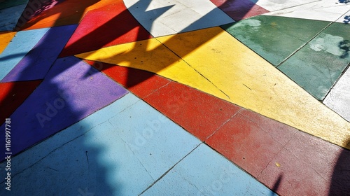 Colorful geometric forms coming together with shadows casting dynamic shapes on the ground
