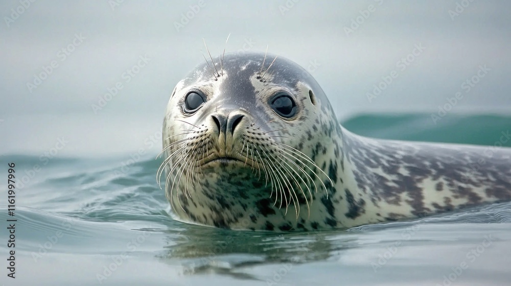 Fototapeta premium A harbor seal swimming near the coast, its head just above the water.