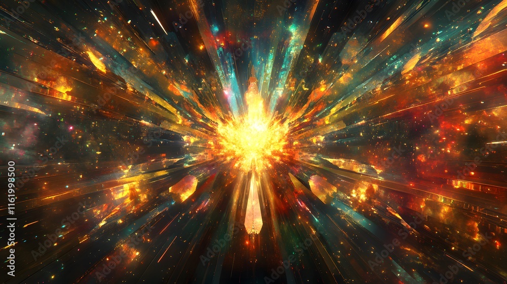 A glowing burst of energy in the middle with rays of light and color shooting outward in every direction A glowing burst of energy in the middle with rays of light and color shooting outward in every direction