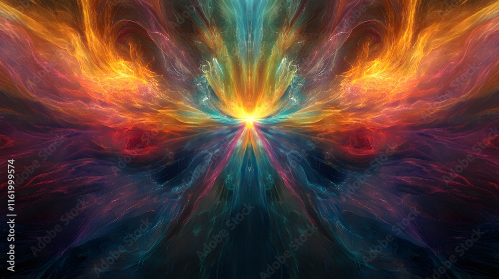 Energy radiating from a central point in the form of colorful streaks spreading outwards Energy radiating from a central point in the form of colorful streaks spreading outwards