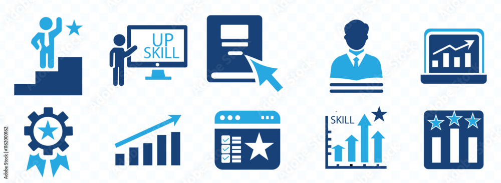 UP skills icon set. Containing degree certificates, foreign language, software, computer skill and more. Solid vector symbol collection. UP skills icon set. Containing degree certificates, foreign language, software, computer skill and more. Solid vector symbol collection.
