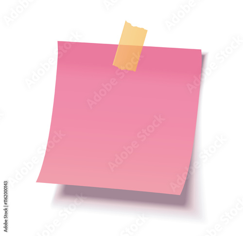 Pink sticky note with a yellow piece of tape isolated on a white background, realistic vector illustration with curled edge and shadows, ideal for reminders, design, or creative concepts