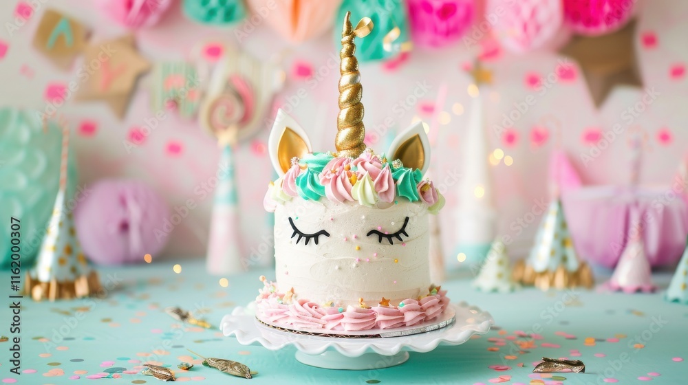 Unicorn birthday cake with pastel frosting, sprinkles, and party decorations.