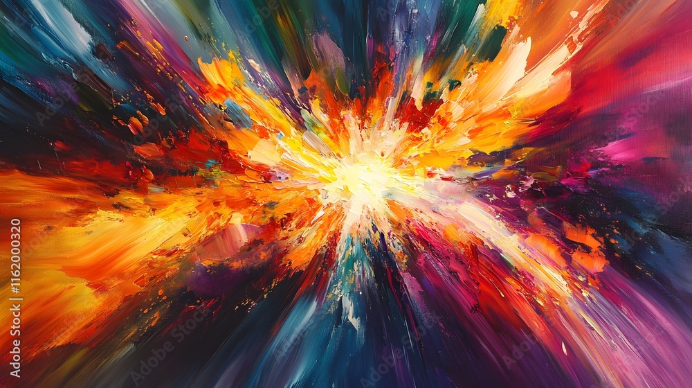 Obraz premium An intense burst of color and energy radiating from the center with streaks of light and vivid hues expanding outward