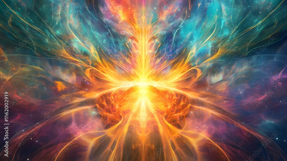 A glowing explosion of light and energy at the center with beams of color radiating outward in all directions A glowing explosion of light and energy at the center with beams of color radiating outward in all directions