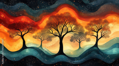 landscape of colorful trees and hills