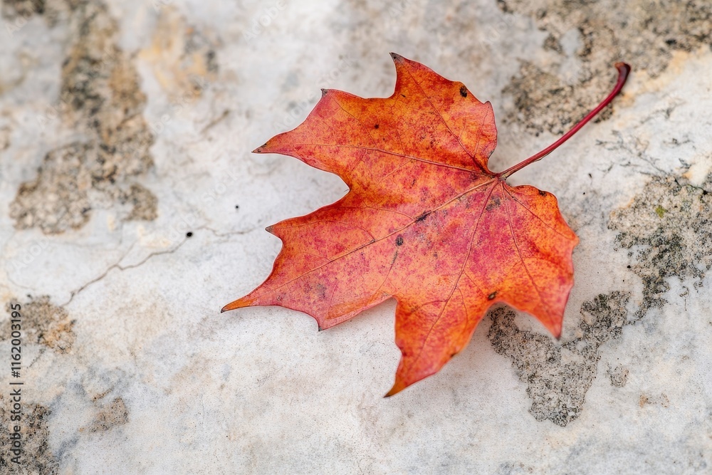 Single red-orange maple leaf on light stone. Single red-orange maple leaf on light stone.