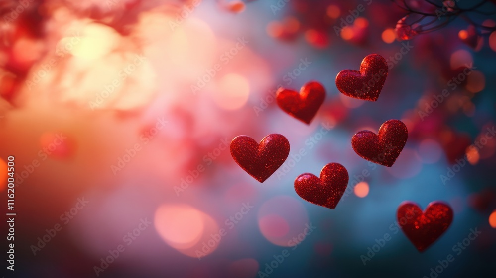 Enchanting Scene of Floating Hearts with Magical Bokeh Enchanting Scene of Floating Hearts with Magical Bokeh