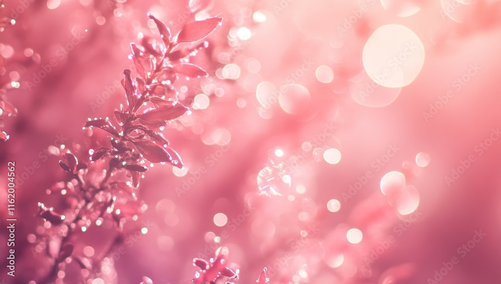 Pink leaves with dew drops and bokeh lights. Pink leaves with dew drops and bokeh lights.
