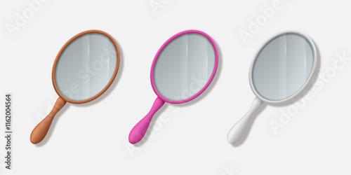 Collection of realistic classic hand mirrors isolated on light background. Vector 3d illustration.