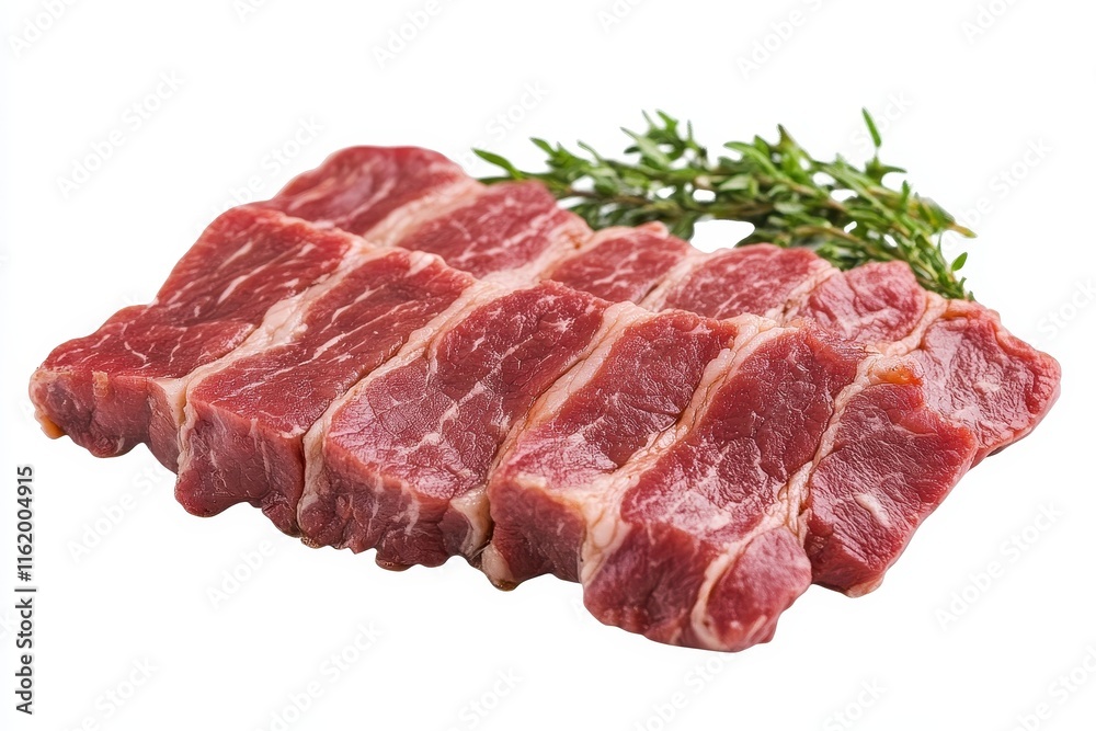 Raw beef short ribs, seasoned, ready for cooking, with fresh thyme sprigs. Raw beef short ribs, seasoned, ready for cooking, with fresh thyme sprigs.