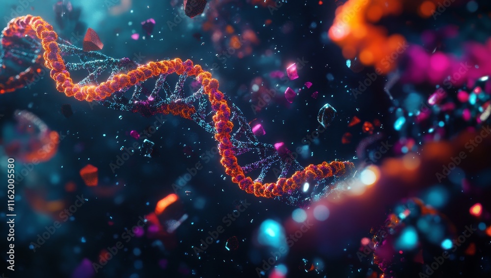 Abstract DNA helix strand with colorful particles. Abstract DNA helix strand with colorful particles.