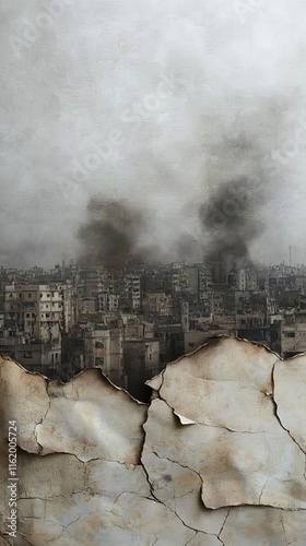 A haunting view of a war-torn cityscape, featuring smoke rising above crumbling buildings in a desolate atmosphere.